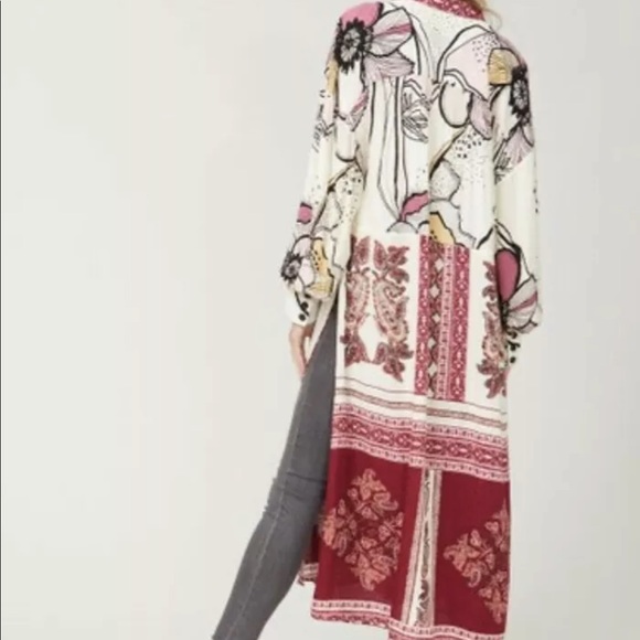 Free People Duster Kimono Mixed Print Ivory Wine - Picture 4 of 7